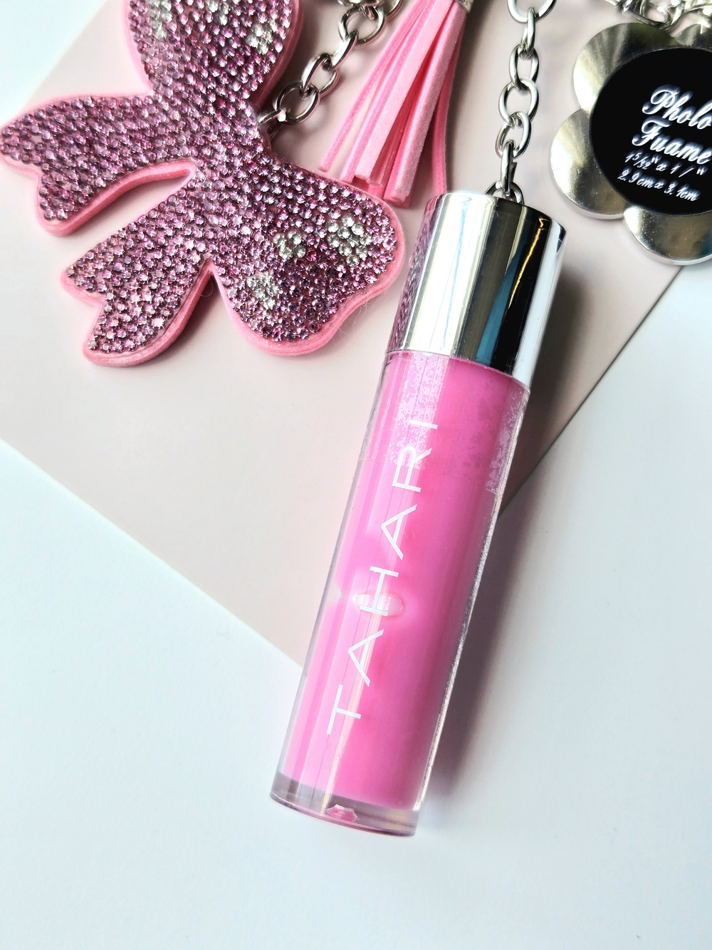 Tahari Pink Rhinestone Bow Keychain Lip Gloss & Photo Frame Bag Charm, Tassel - Picture 4 of 7